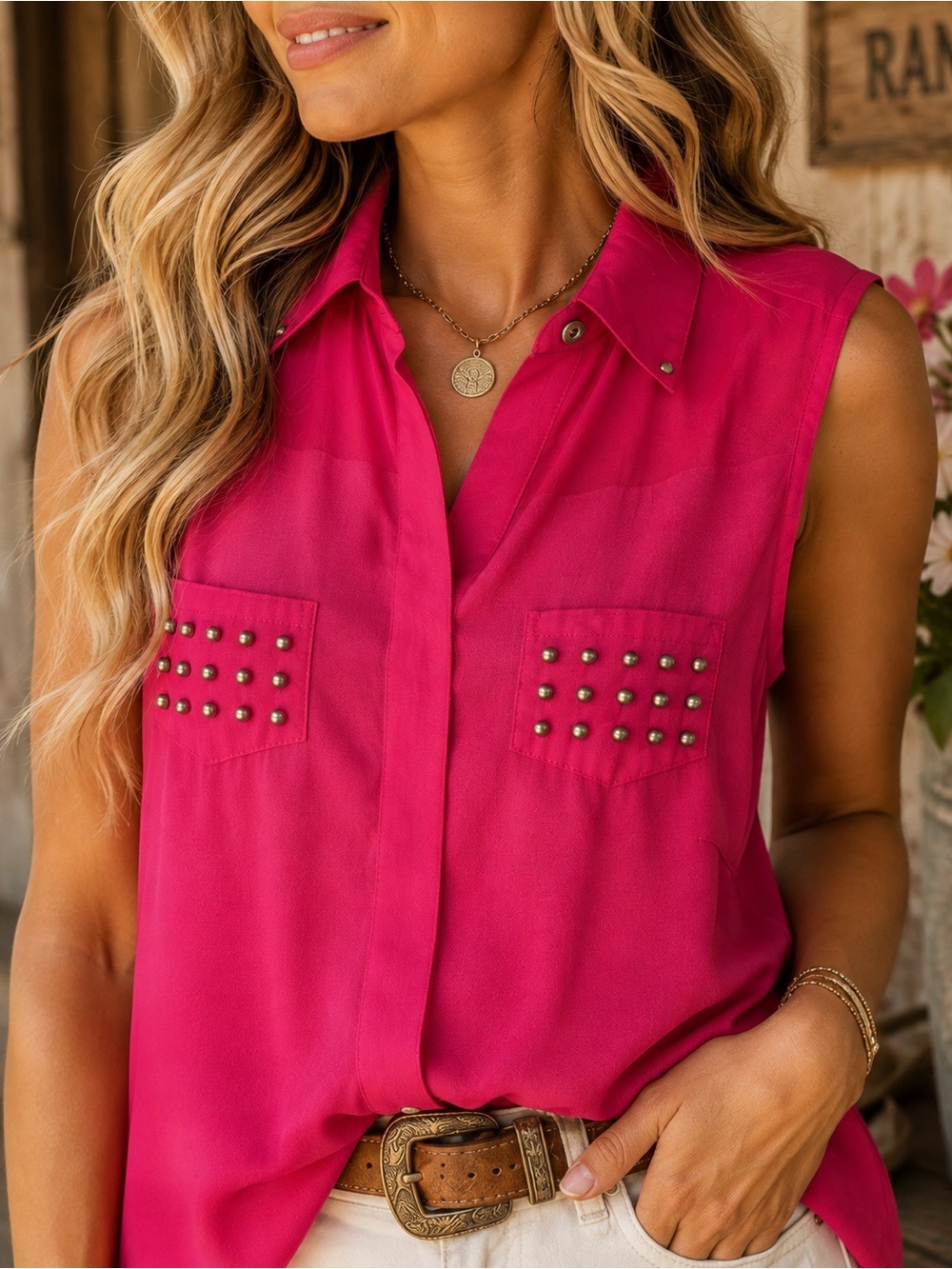 BohoChic Weatern Romance Hot Pink Sheer Beaded Blouse. EUC • M